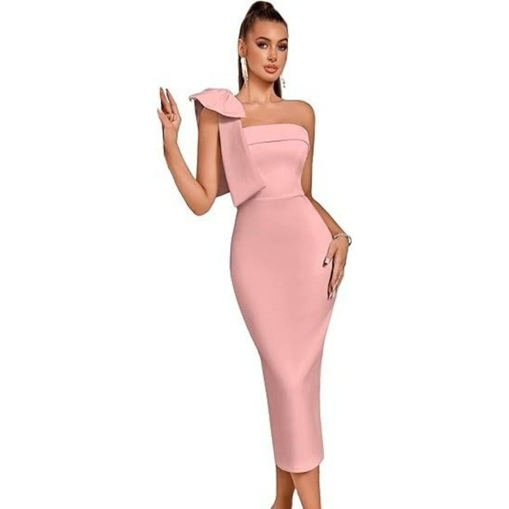 New Women's Party Cocktail Formal Midi Dress LARGE Bodycon Pink One Shoulder
